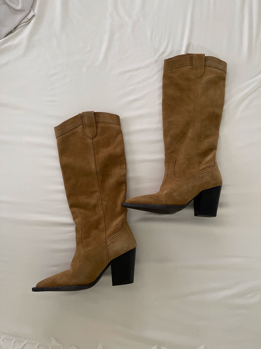 MANGO Tan Suede Mid-Calf Western Heel Boots